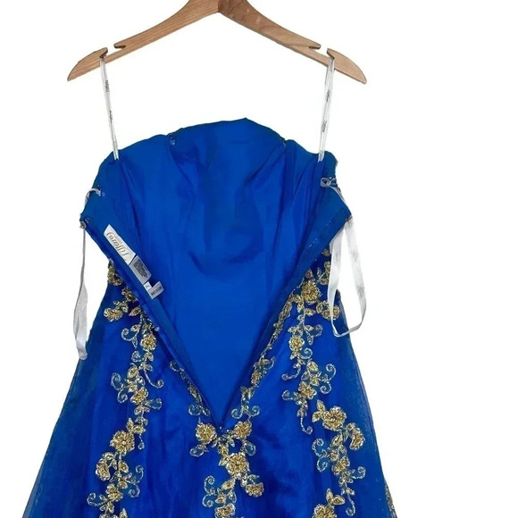 Royal Blue Gold Tulle‎ Strapless Ball Gown Princess Bling Regency Prom Size 2 - Picture 6 of 7